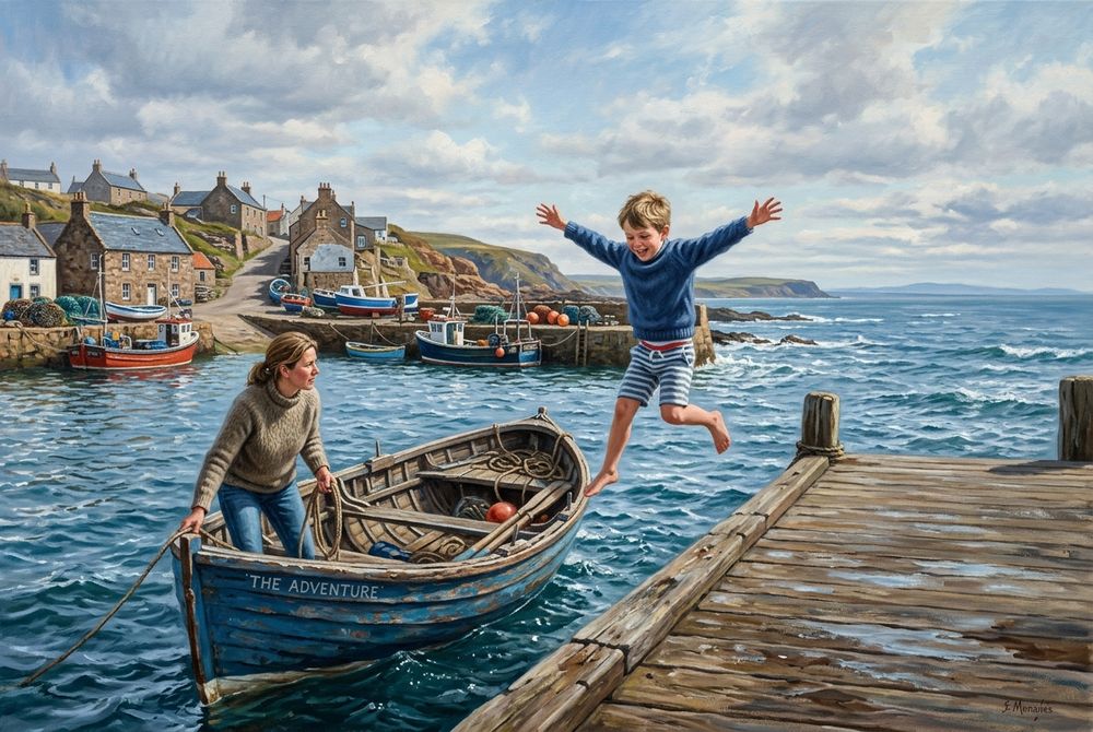 A child leaping from a rowboat onto a solid dock, wide sea behind