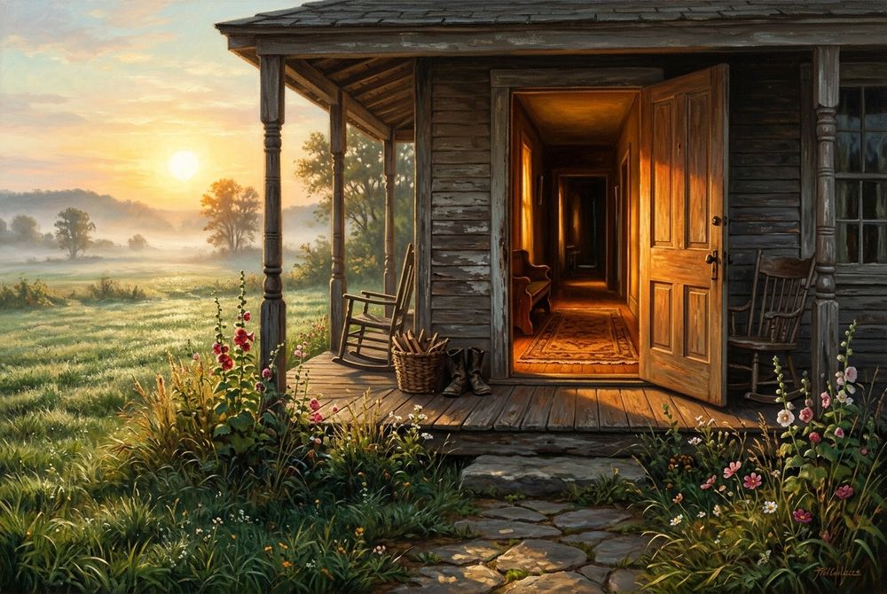 A farmhouse porch and open front door facing the rising sun