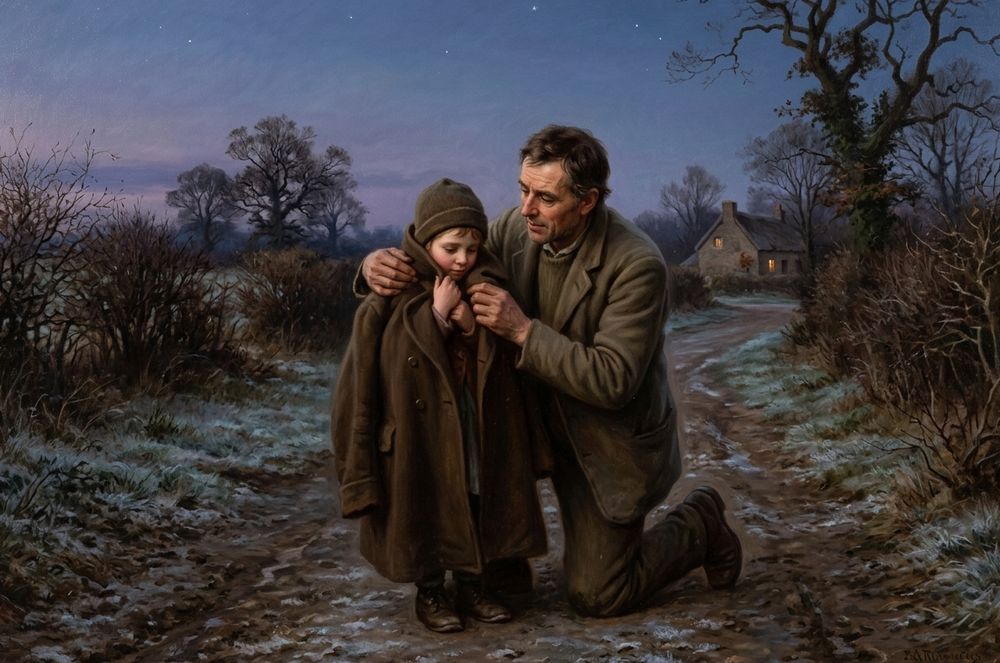 A father wrapping his coat around a shivering child on a cold evening road
