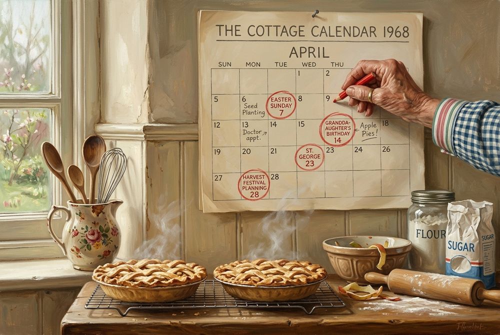 A kitchen wall calendar with days circled in red, pies cooling below