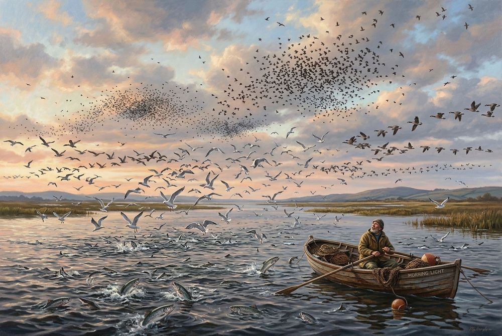 Great flocks of different birds over an estuary teeming with fish