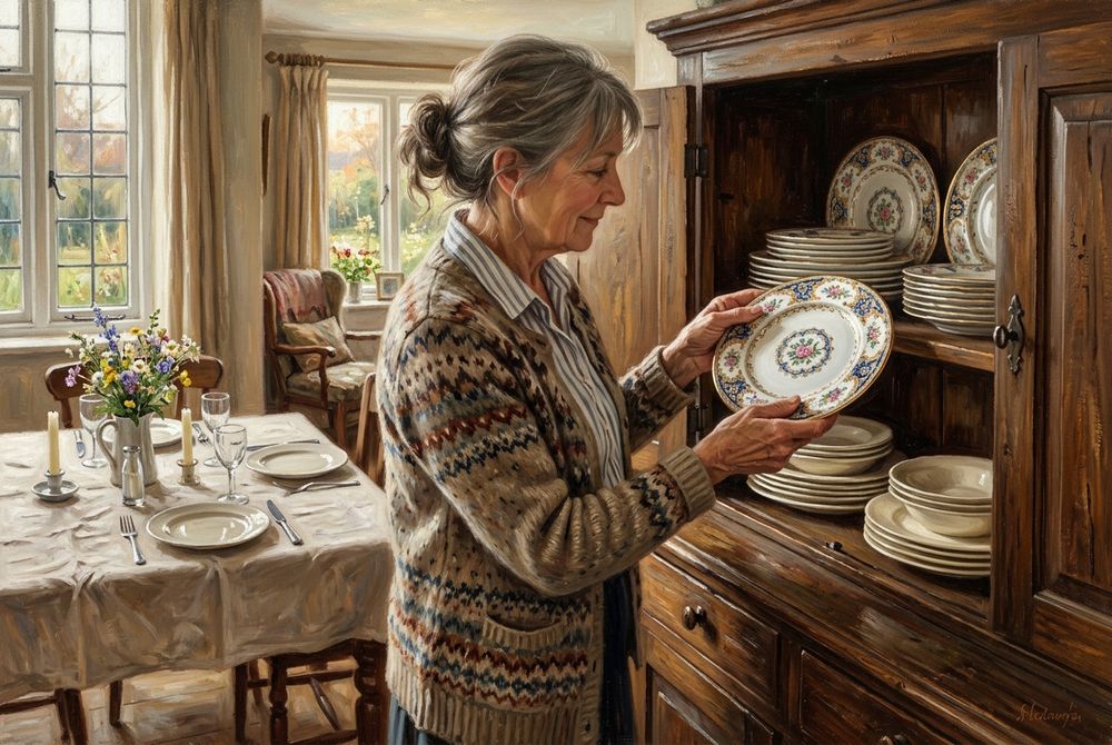 A mother lifting fine china from a cabinet, the table half-set for guests