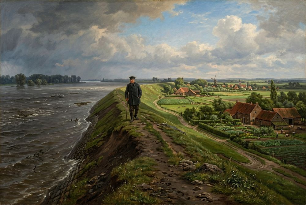 A levee holding back floodwater, farmland safe on the other side