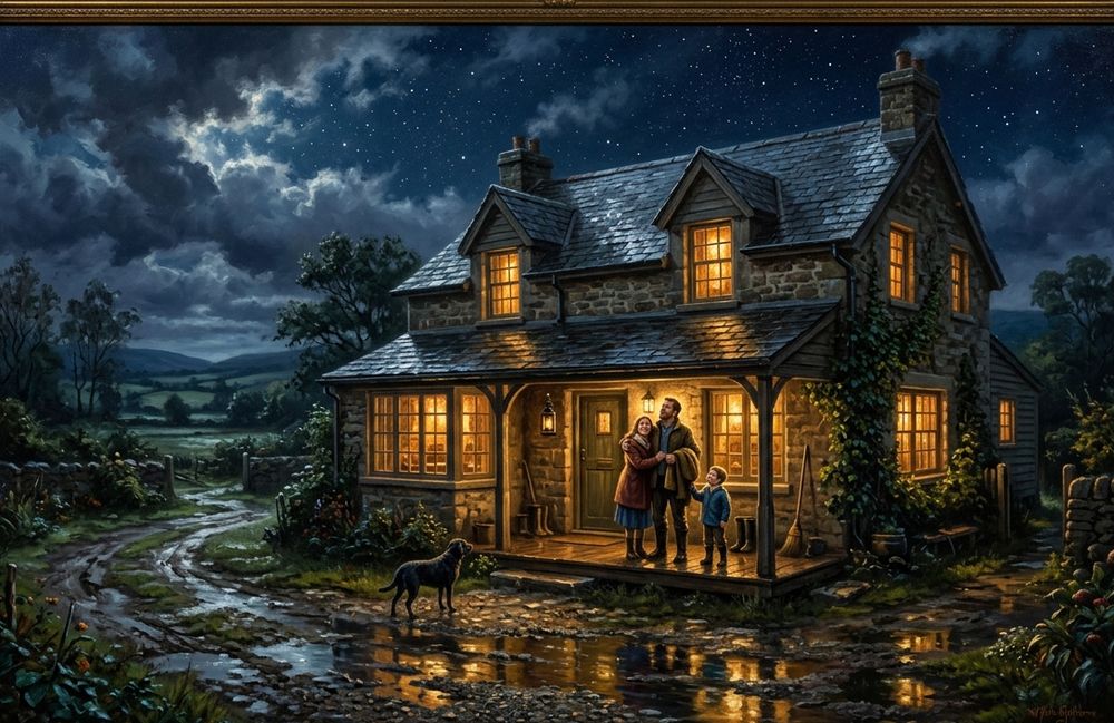 A farmhouse at night, every window lighting up as the power returns after a storm