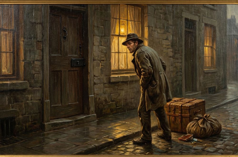 A man beside his trunk looking back at a locked house door at evening