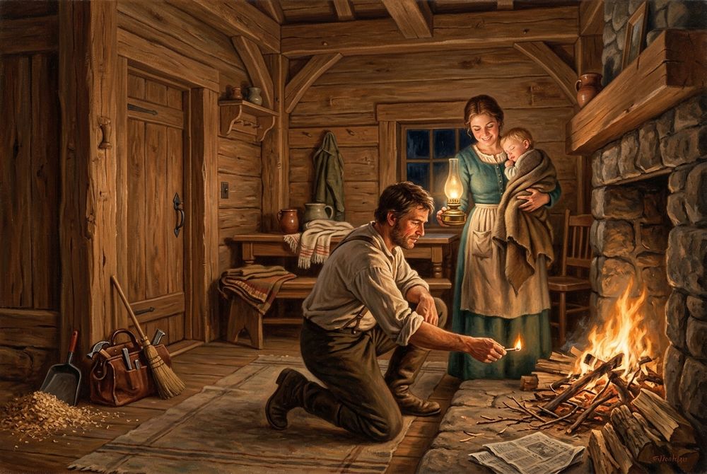 A family lighting the first fire in the hearth of a newly finished house