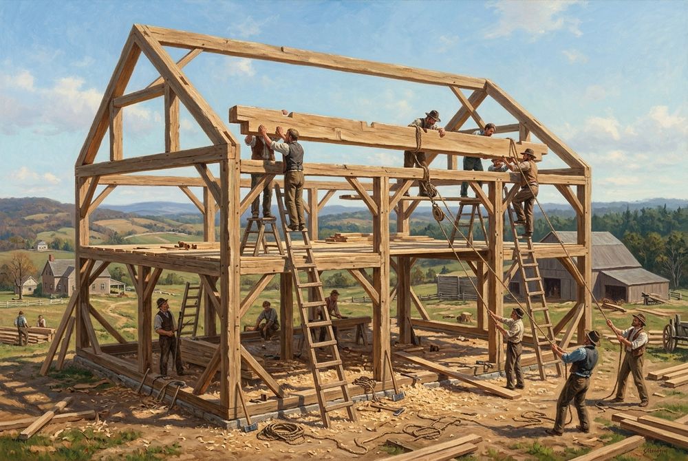 A barn raising: men lifting the central roof beam into place