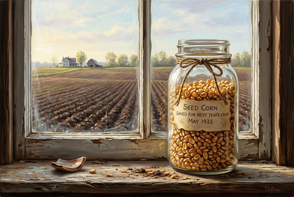 A glass jar of saved seed corn on a farmhouse windowsill