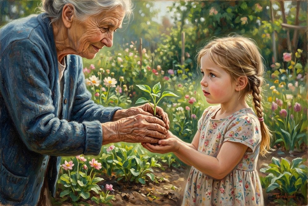 An elderly woman placing a seedling into a child’s hands