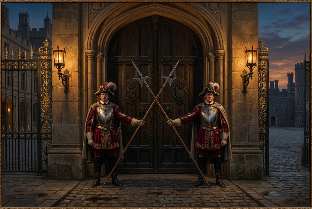 Two royal sentries with crossed halberds barring a palace gate