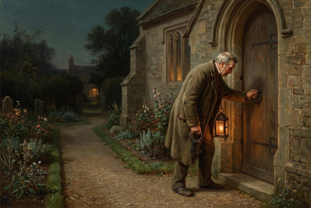 An old sexton with lantern and keys locking a church at dusk