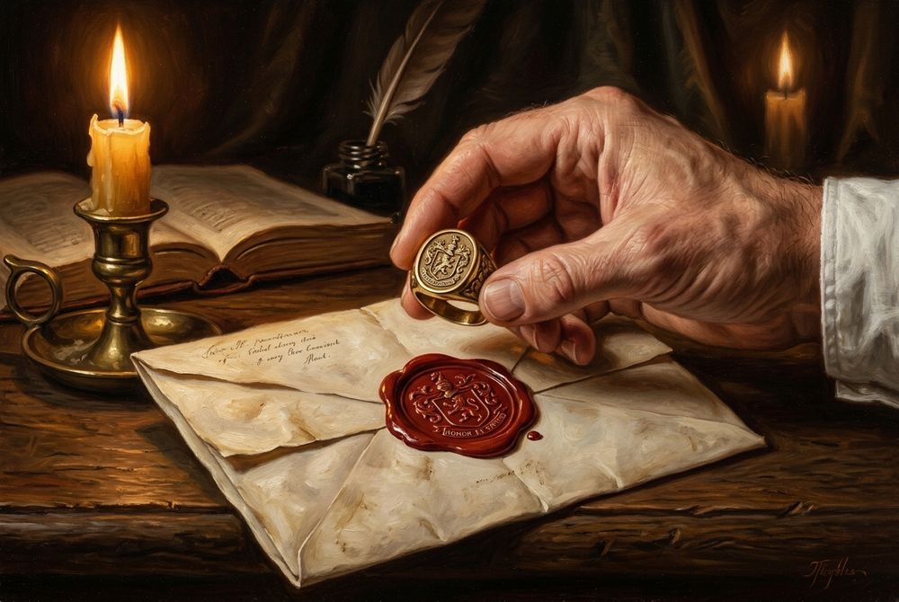 A hand pressing a signet ring into red sealing wax on a letter