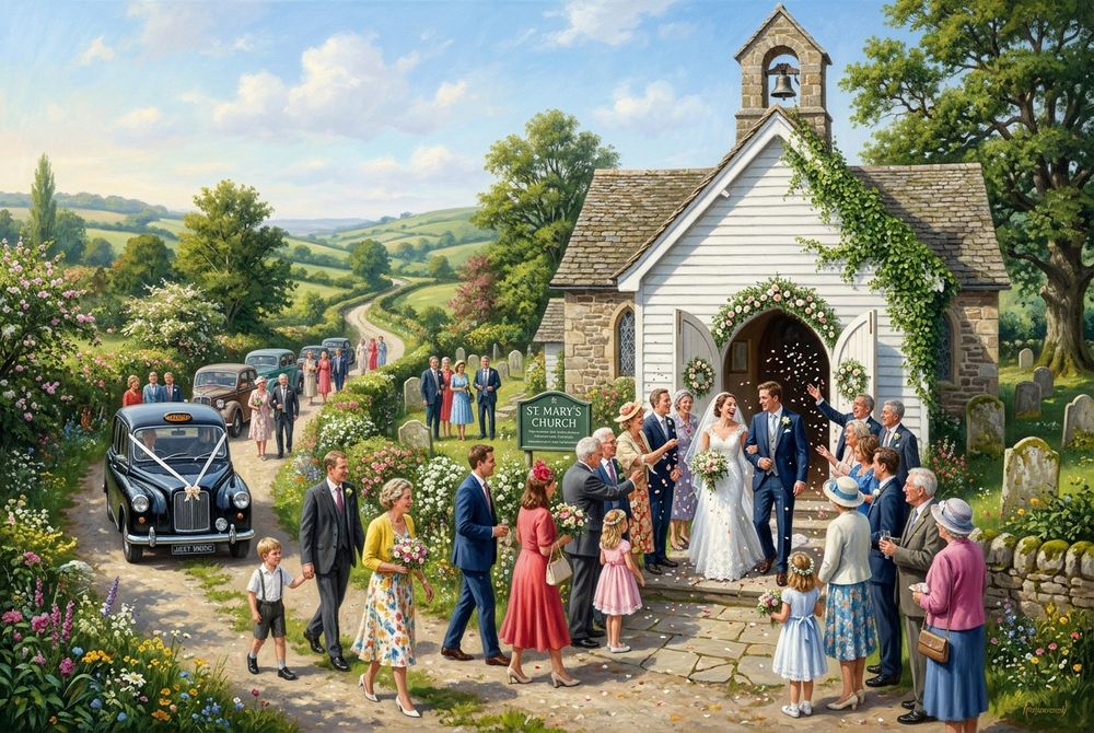 A country church on a bright morning, a wedding party at the open doors